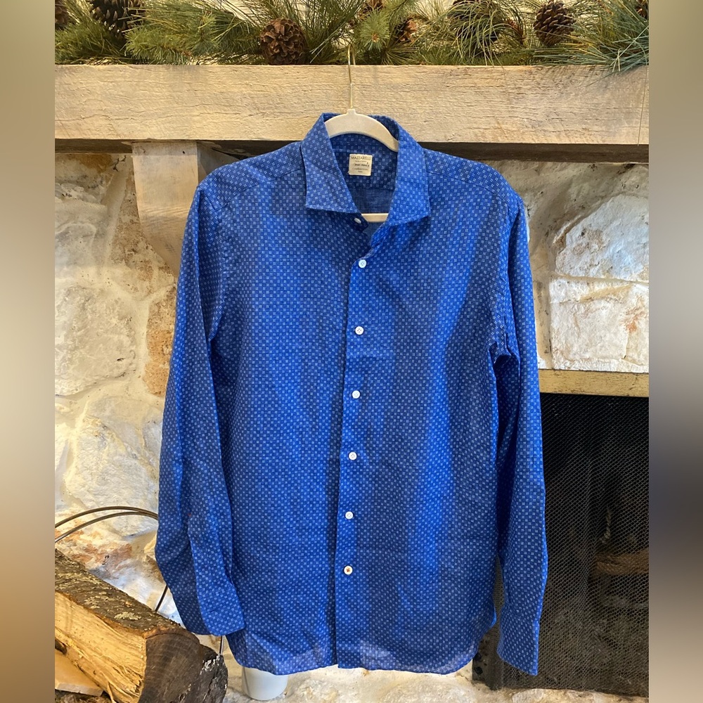 Mazzarelli green stone 100% linen blue men’s shirt custellana Grotte Italia M